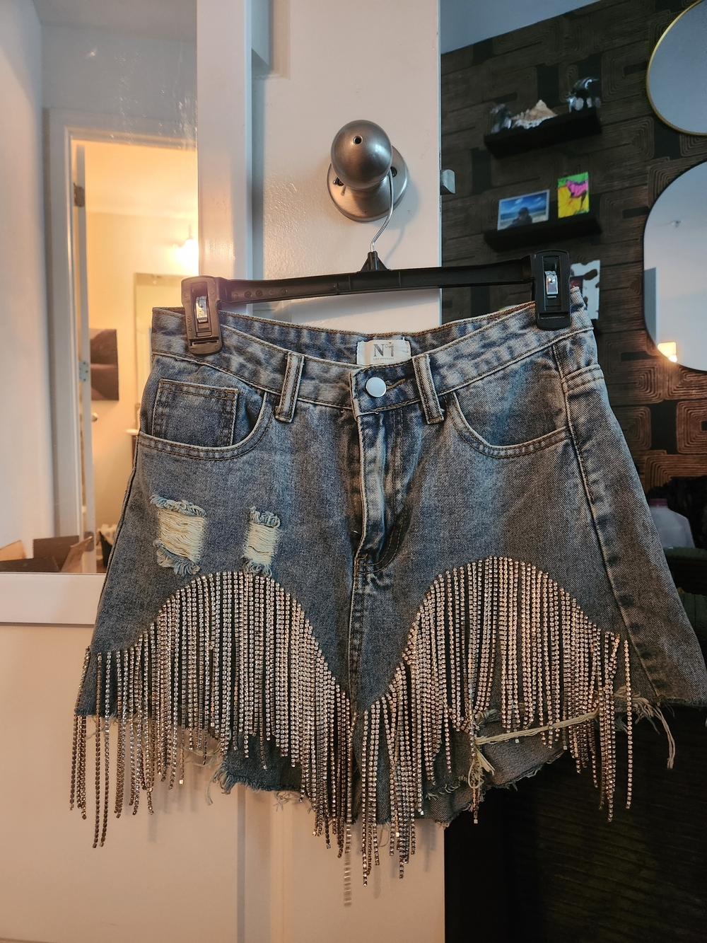 NY Collection High-Waist Distressed Denim Shorts with Silver Fringe